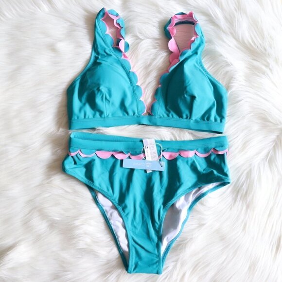 NEW Aqua Blue Pink Scalloped Mid Waisted Bikini Set Size Medium - Picture 3 of 9